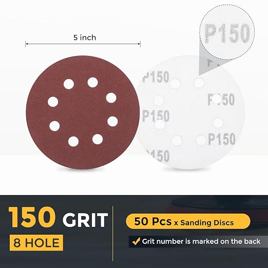 HARFINGTON 50 Pcs 5 Inch Sanding Discs 150 Grit Red Aluminum Oxide 8 Hole | - Image 2