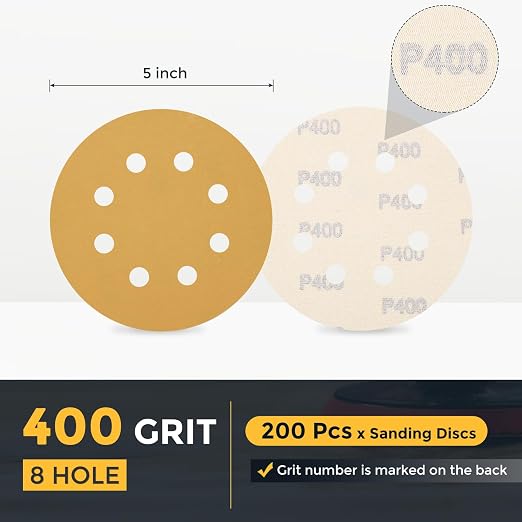 HARFINGTON 200Pcs 5Inch Sanding Discs 400Grit Yellow Aluminum Oxide 8 Hole | - Image 2