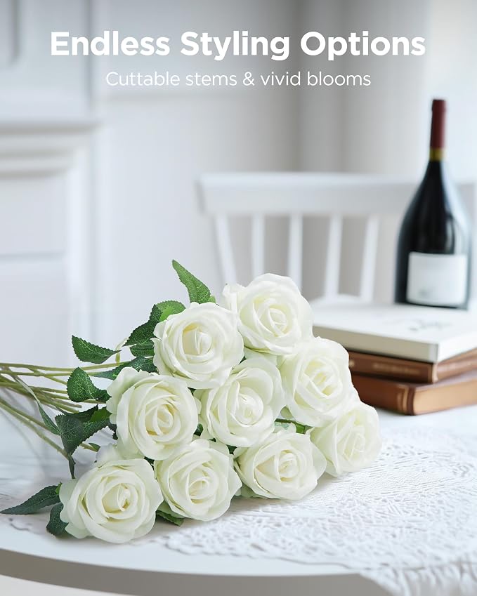 InnoGear White Roses Artificial Flowers 100 Pcs Fake Velvet Silk Floral | Bulk - Image 3