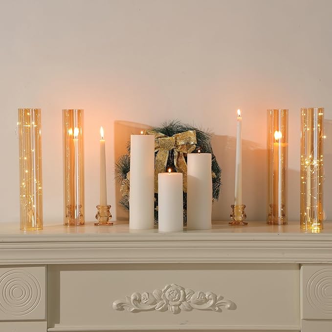 Teenyyou 12 Set Glass Hurricane Candle Holders Candlestick Bulk 12.6", Amber | - Image 5