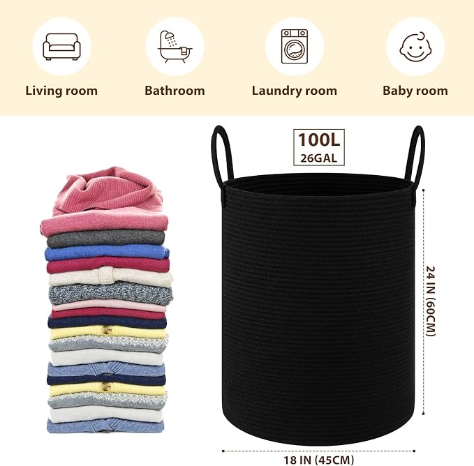 OIAHOMY 100L Nursery Hamper Laundry Basket Laundry Hamper Black | collapsible - Image 2