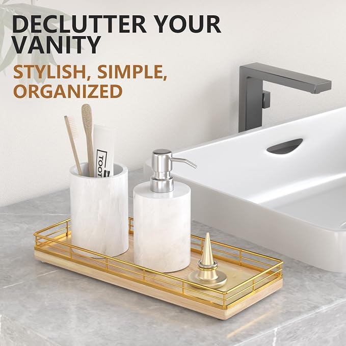 Bathroom Tray for Counter Top Organizer, Oak Wood Vanity Tray | Metal Frame for - Image 3