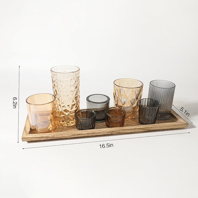 Rustic Wooden Tray with 8 Brown Glass Votive Candle Holders | Decorative Tea - Image 3