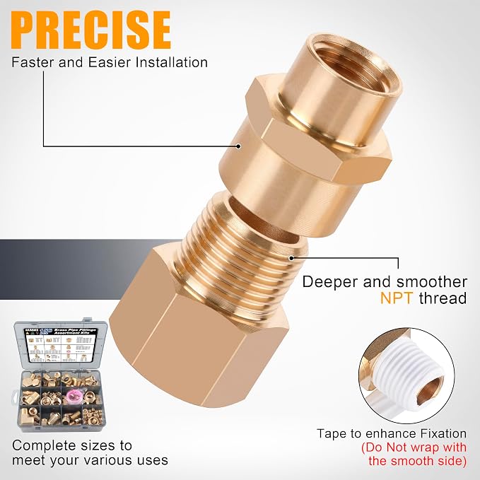 156PCS Brass Pipe Fittings Kit, 1/8" 1/4" 3/8" 1/2" 3/4" NPT | Brass Fitting - Image 4