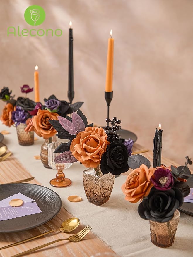 Alecono Orange and Purple Artificial Flowers, Silk Fake Floral Set | - Image 7