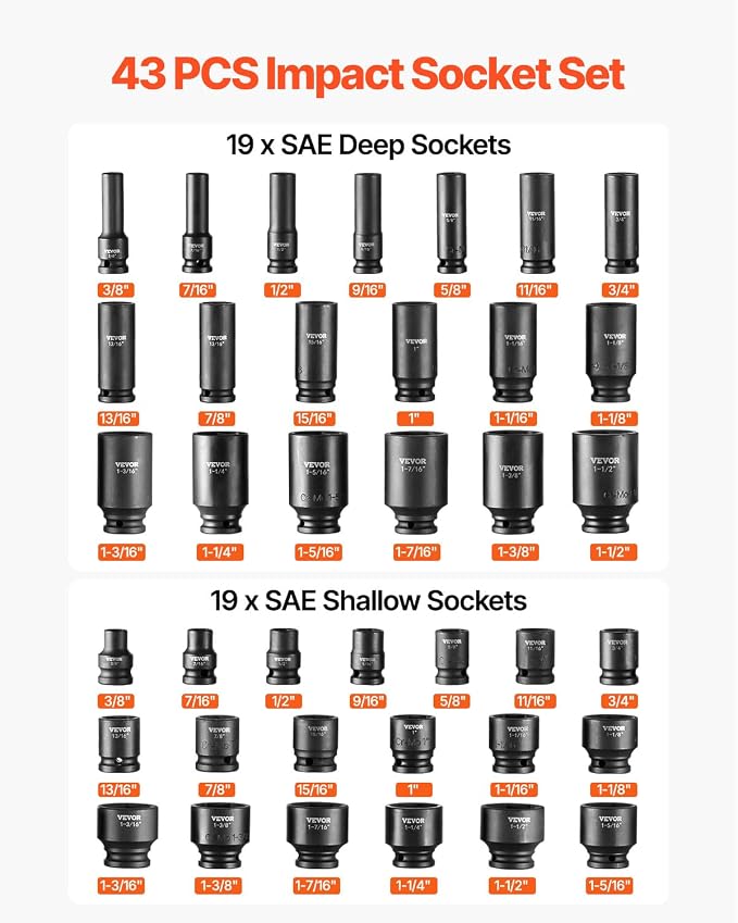 VEVOR Impact Socket Set 1/2" Socket Set 43 Piece Deep & Shallow SAE 3/8" to - Image 3