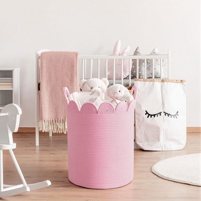 LemonRoad Round Woven Basket Pink, Cotton Rope Scalloped Edge Tassels, Nursery - Image 6