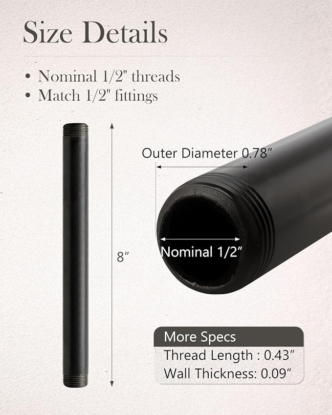 10 Pack 1/2 x 8 Inches Black Pipe Malleable Steel Nipples Fitting | DIY - Image 3