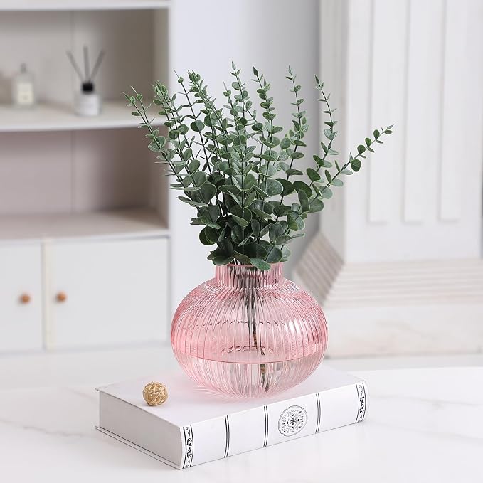 Pink Glass Vase for Tulips, Ribbed Glass Vase for Flowers, Round Flower Vases - Image 4