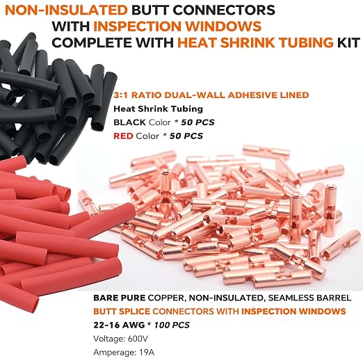 22-16 AWG Wire Splice Kit – 100 PCS 22-16 Gauge Bare Copper Non-Insulated Butt - Image 2