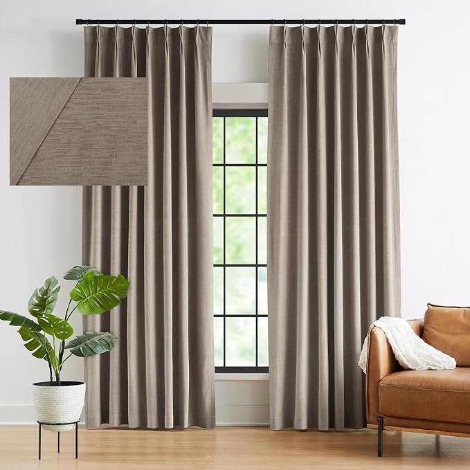 Kayne Studio Mocha Tan Velvet Pinch Pleated Back Tab Curtains 72 Inch Long | by KayneStudio