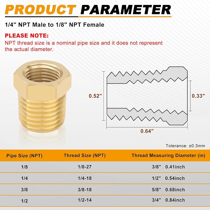 KOOTANS 4pcs Heavy Duty 1/4 NPT Male Thread to 1/8 NPT Female Thread Brass - Image 2