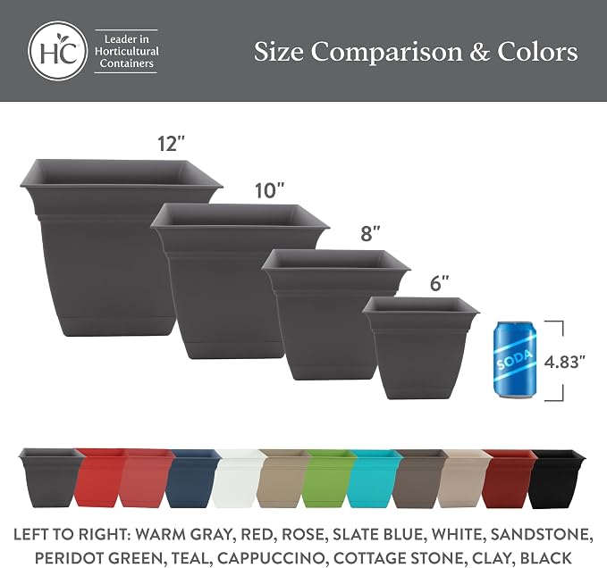 The HC Companies Eclipse Square Planter Pot, 6 Inch, Warm Gray, Attached Saucer - Image 6