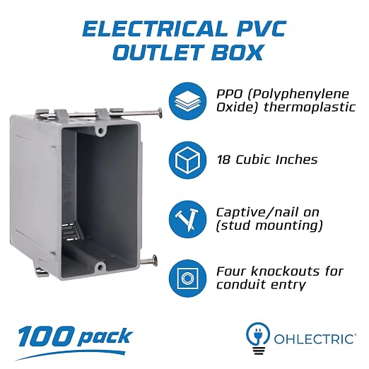 1-Gang New Work Outlet Box, 18 Cubic Inch Single Gang PVC Electrical Box - Image 2