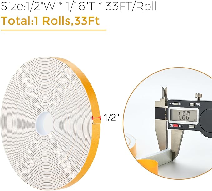 Ravinte Weather Stripping Door Seal, 1/2 x 1/16 Adhesive Foam Tape, 33 FT | - Image 3