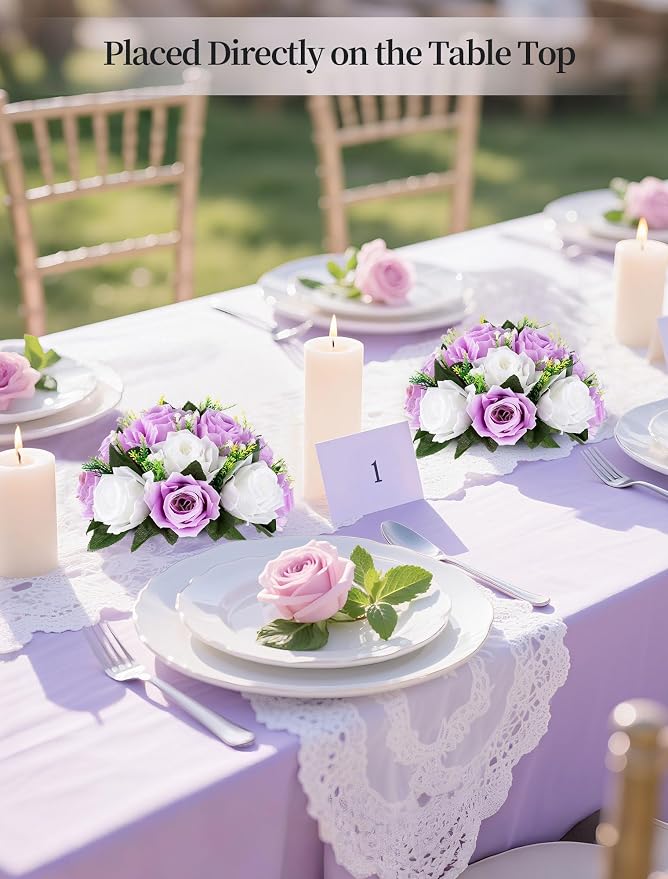 BLOSMON Purple Flowers Ball for Centerpieces: 6 Pcs Fake Lilac White Roses - Image 3