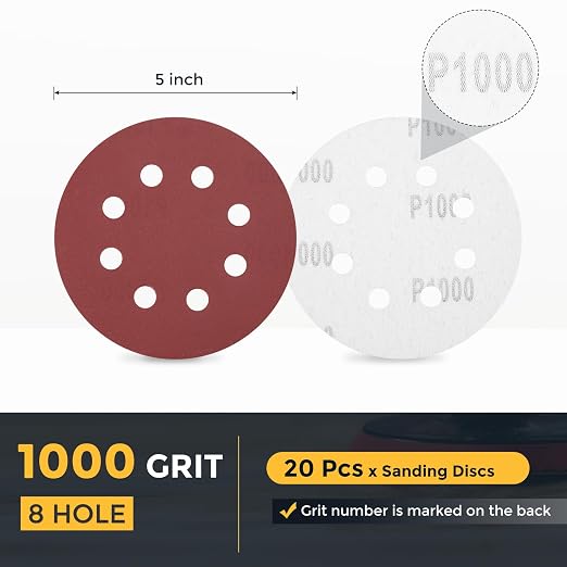 HARFINGTON 20 Pcs 5 Inch Sanding Discs 1000 Grit Red Aluminum Oxide 8 Hole | - Image 2