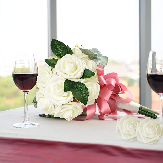 AmyHomie Ivory Rose 25pcs Real Looking Artificial Flowers w/Stem | Bouquet - Image 6