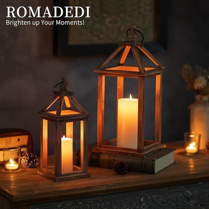 Romadedi Wood Candle Lantern Decorative, Rustic Decor Set of 2 | Farmhouse - Image 2