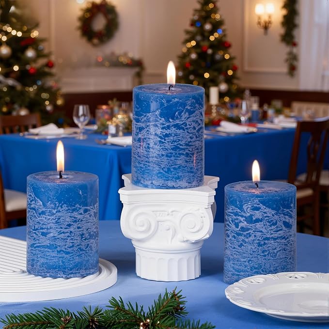 KONNI Layered Pillar Candles Set of 3, 2.8"x 4" Table Decor Ice Mist-Blue | - Image 3