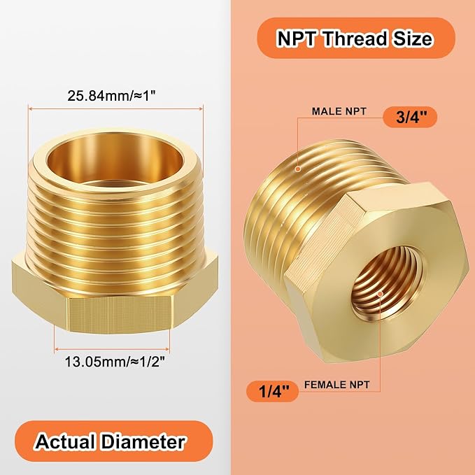 4 Pack Male to FeMale Adapters, 3/4" MNPT x 1/4" FNPT Threaded Brass Hex - Image 2