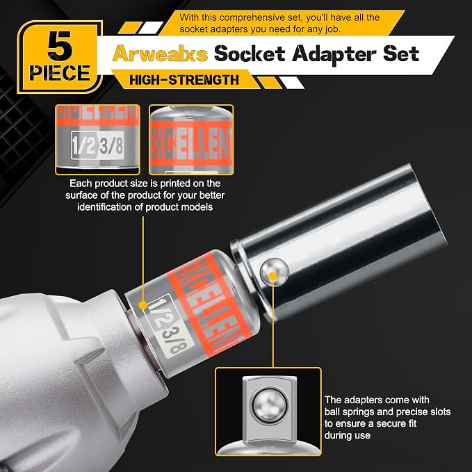 5 Piece Socket Adapter and Reducer Set, 1/4" 3/8" 1/2" Drive Impact Socket - Image 4