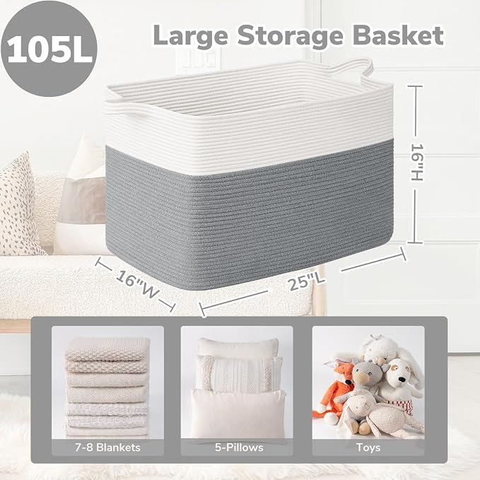 Goodpick 105L Extra Large Woven Blanket Basket Cotton Rope Storage Baskets - Image 3