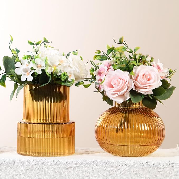 Ribbed Glass Vases, Amber Glass Vase by YANWE