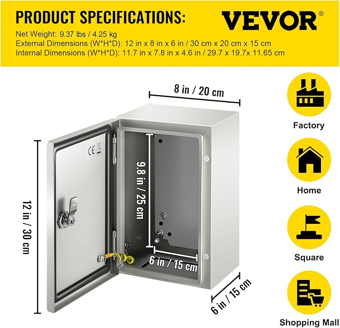 VEVOR NEMA Steel Enclosure, IP66 Waterproof & Dustproof, Outdoor/Indoor - Image 7