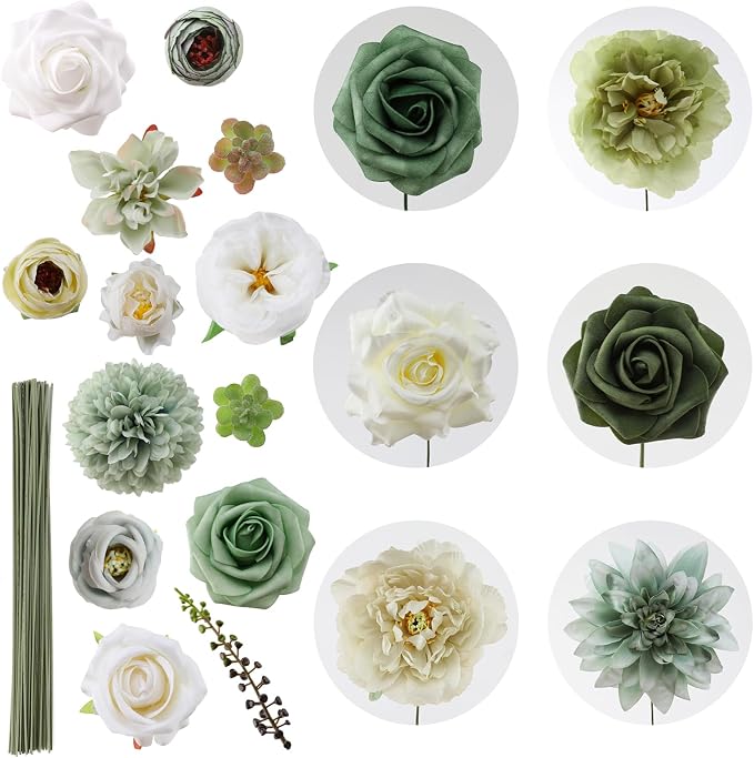 Artificial Flowers Combo Green Flowers Mix Silk Flowers Dahlia Roses - Image 9