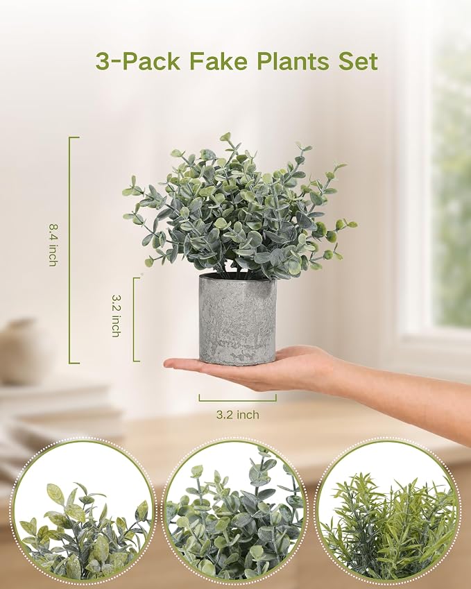 Velener Set of 3 Small Fake Plants Eucalyptus, Artificial Plants Indoor - Image 2