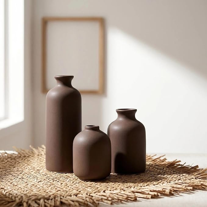 Small Ceramic Vase Set of 3, Modern Boho Farmhouse Flowers Vases | Decorative - Image 6