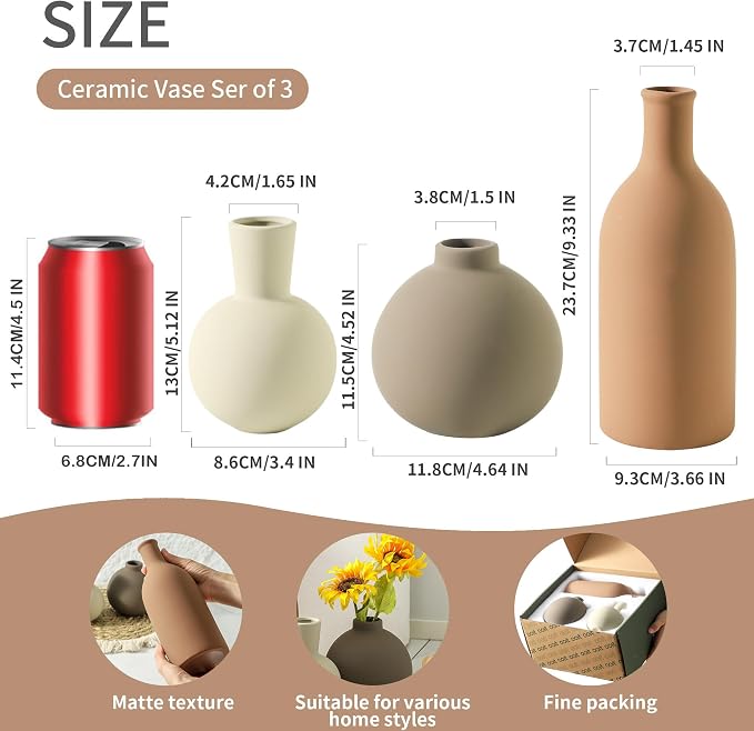 Vase Set of 3 | Ceramic Neutral Vases Home Decor | Rustic Flower Pottery Vases - Image 2