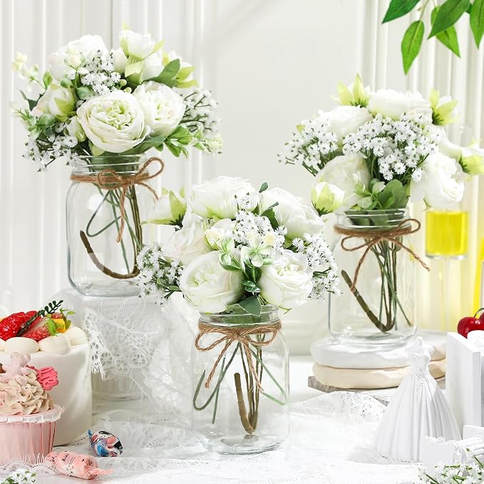 6 Sets Mason Jar Flowers Centerpiece Table Decorations, Artificial Peony Baby's - Image 3