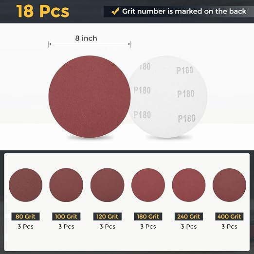 HARFINGTON 18Pcs 8Inch Sanding Disc Hook & Loop Sandpaper Aluminum Oxide | - Image 2