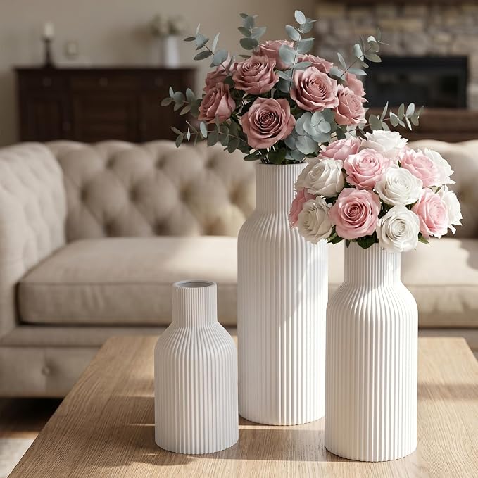 White Ceramic Flower Vase Set of 3 Matte Ribbed Waterproof | Waterproof interior - Image 2