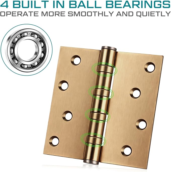 6 Pcs Brass 4'' Ball Bearing Door Hinges, Square Corner | Stainless Steel - Image 6