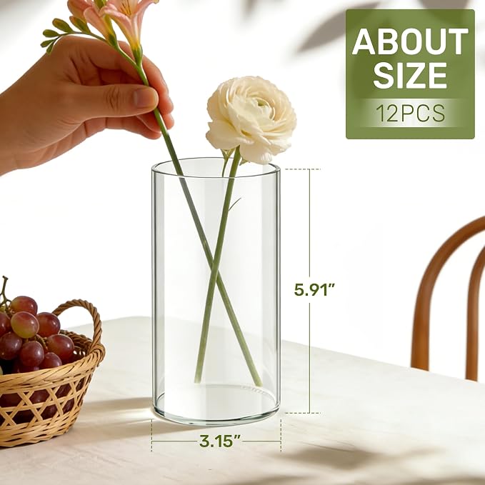 12pcs Glass Cylinder Vases for Centerpieces, 6 Inch Tall Flower Vase for - Image 3