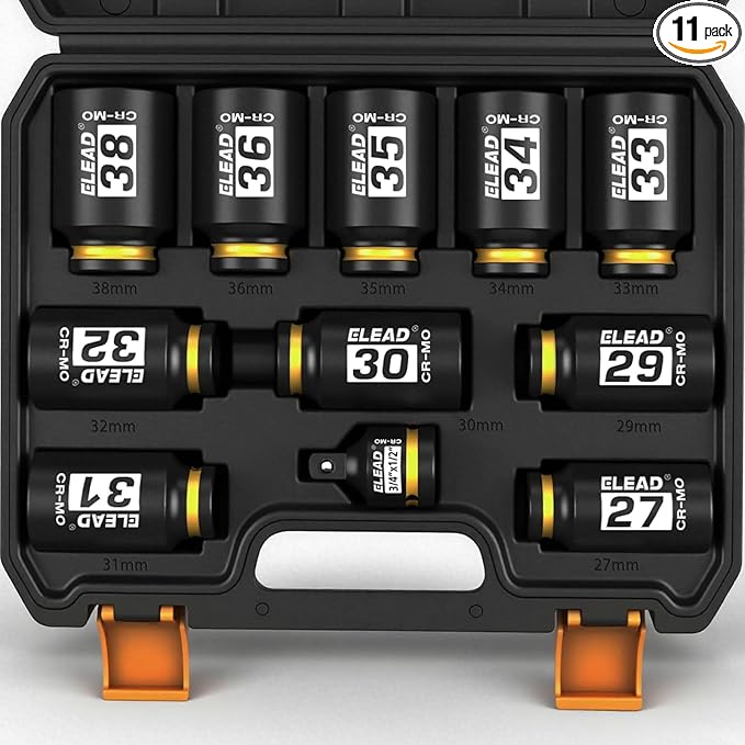 1/2'' Drive Deep Impact Socket Set: 11-Piece Metric Wheel Axle Nut Wrench Large by ELEAD