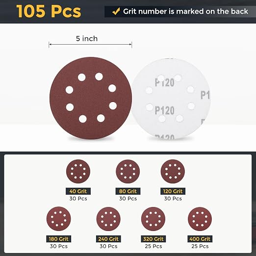 HARFINGTON 105Pcs 5Inch Sanding Disc 8 Hole Hook and Loop Sandpaper Red | - Image 2