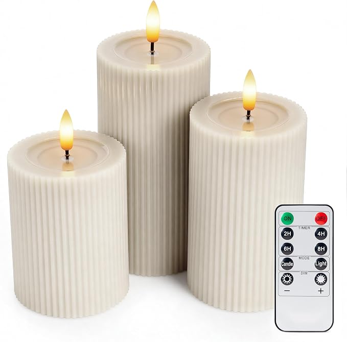 Fluted Ribbed LED Pillar Candles, Cream Beige, - Image 8