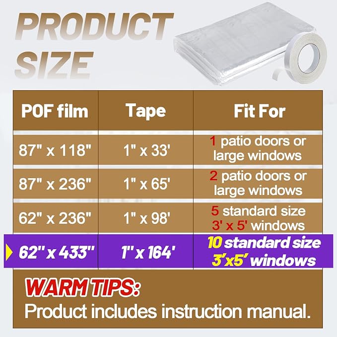 62×433in Window Insulation Kit for Winter- Indoor 10-Window Plastic for - Image 4