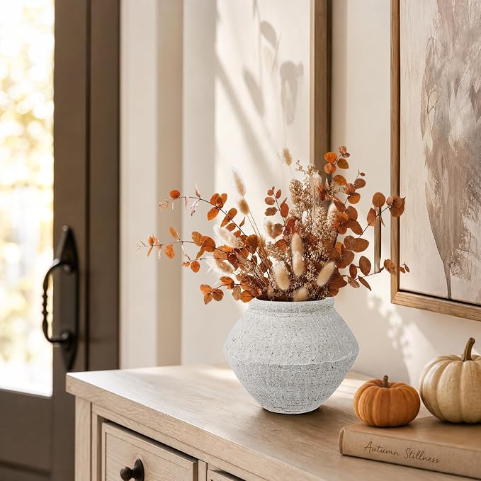 Briful Rustic Ceramic Vase 6'' Decorative Farmhouse Table Vase, Off White | - Image 5