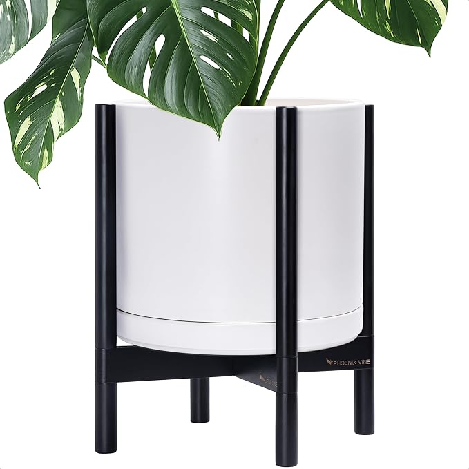 D'vine Dev Ceramic Pot with Ebony Wood Stand, 14 in, 55-B-S-1 | Mid-Century by DvineDevPlanterPotsandStand