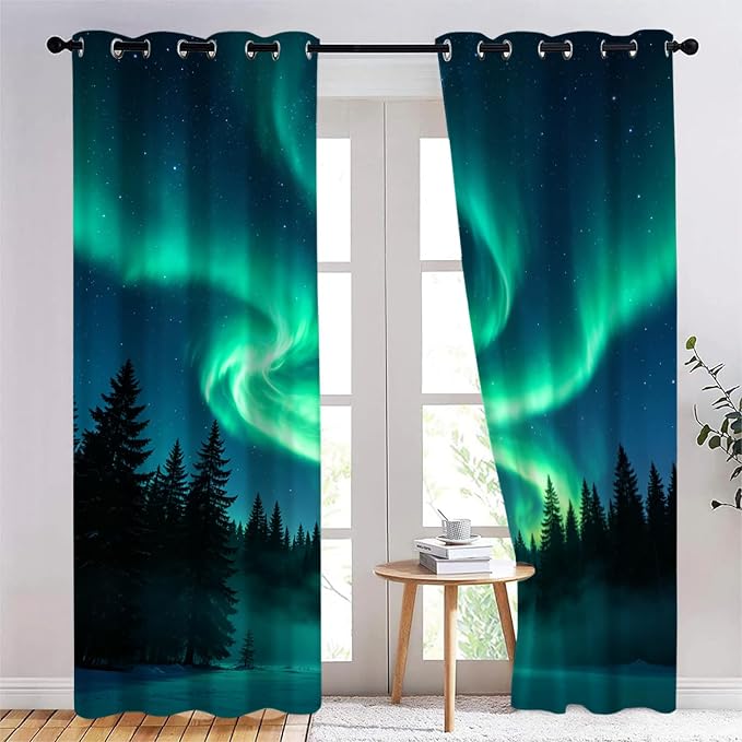 Aurora Forest Curtains, Deep Blue Night Sky Curtains by Unknown