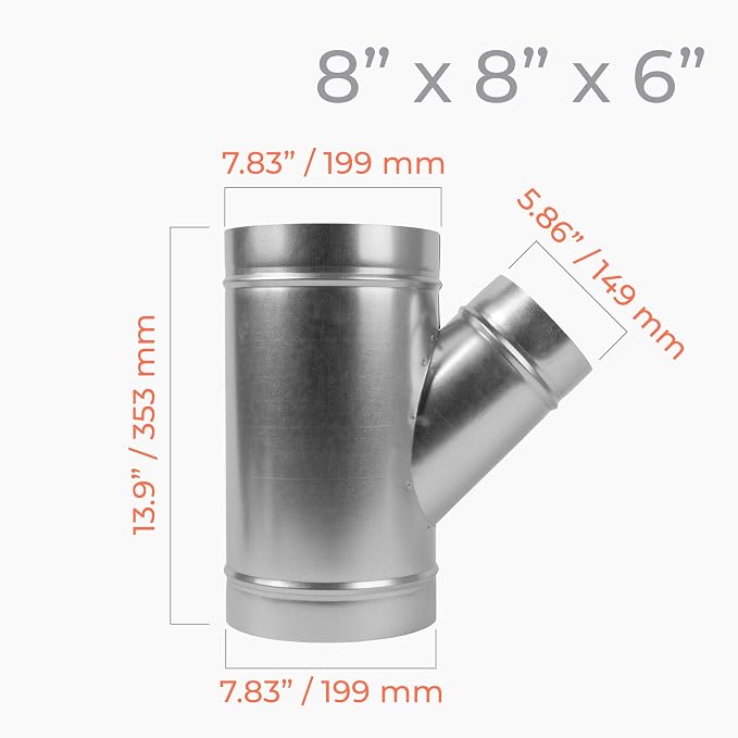 45° Degree Ø8 x 8 x 6 Inch Wye-Shape Duct Splitter - Image 2