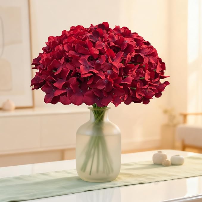 65Pcs Deep Red Hydrangea Artificial Flowers Bulk，Realistic Silk Fake Flowers - Image 6