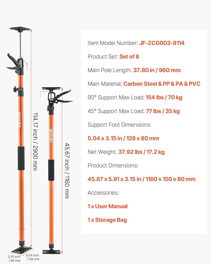 VEVOR Cabinet Jack Support Pole, 45.7-114.2 Inch Steel Telescopic Quick Support - Image 7