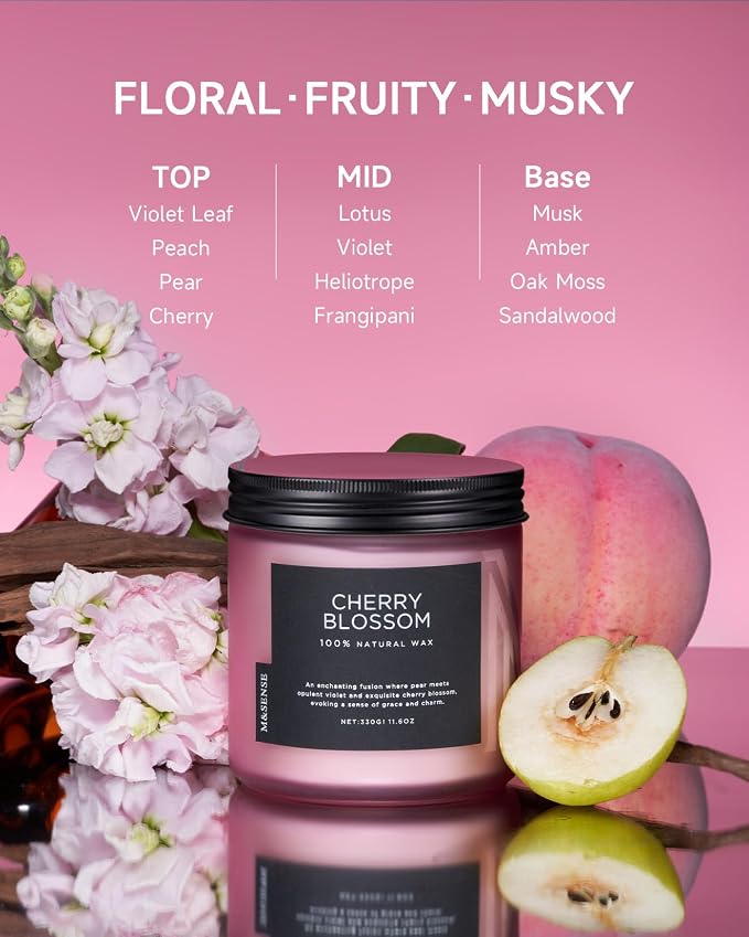 M&SENSE Cherry Blossom Home Scented Candles, 11.6oz Organic Soy Wax | 70-Hour - Image 2