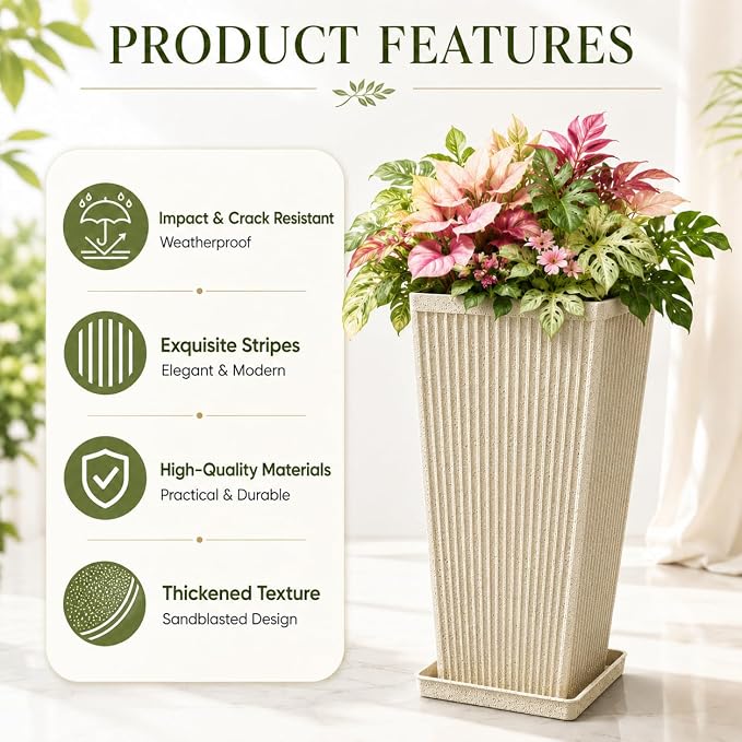 24" Tall Planters for Outdoor Plants Set of 2 Square Fluted, Tall Indoor Flower - Image 4